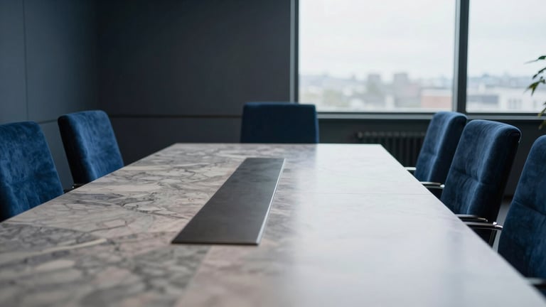 Quiet environmental shot of a modern European boardroom with polished marble table and deep blue velvet chairs, soft overcast daylight, 35mm lens