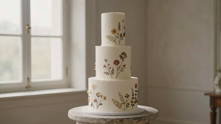 A wide panoramic shot of an architectural wedding cake with sharp, clean lines and delicate botanical pressed flowers, placed off-center on a stone pedestal, soft window daylight.