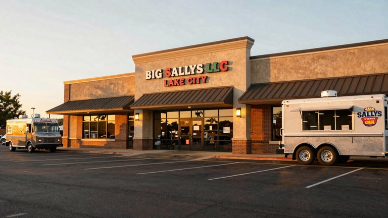 Wide shot of BIG SALLYS LLC welcoming Lake City storefront at golden hour, ample parking lot visible, warm inviting lights, food truck parked nearby, 35mm