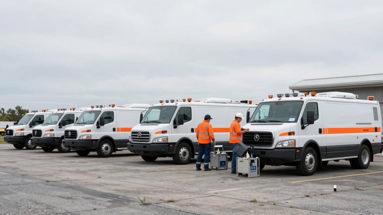 Wide panoramic view of specialized environmental compliance vehicles parked at a Sayville depot, field engineers in high-visibility gear preparing equipment, overcast daylight, crisp details, 35mm lens, safety orange accents