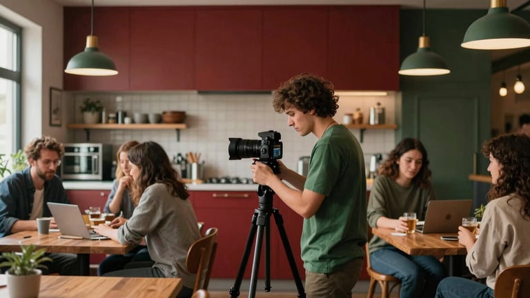 Wide shot of a digital marketing team setting up a camera and lighting in a cozy, Scandinavian-style restaurant kitchen, diffused side-lighting, warm editorial photography, shallow depth of field, rich crimson and forest green tones