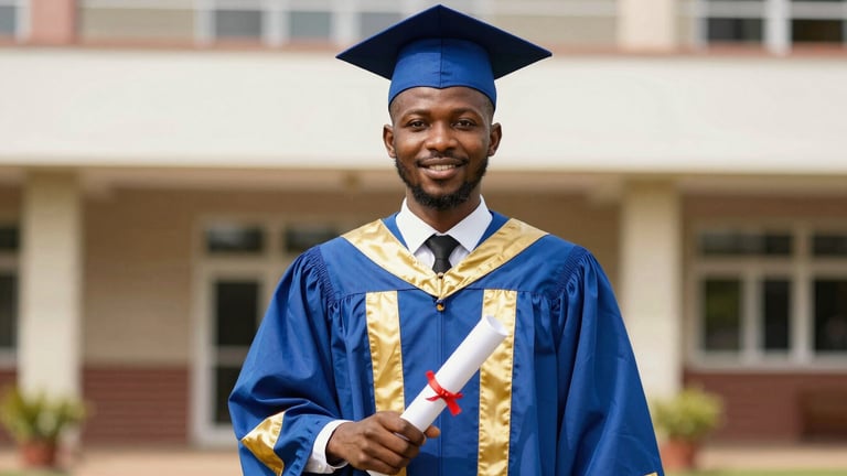 Editorial documentary photography of a proud Nigerian graduate in a royal blue and gold academic gown holding a degree scroll, bright natural daylight, shallow depth of field, 35mm.
