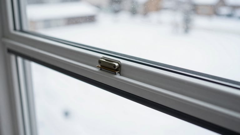 Extreme close-up of a flush sliding window track, minimalist architectural design, crisp overcast winter light, snow visible outside, 35mm photography