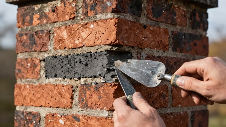 Macro detail shot of tuckpointing masonry work on an aged brick chimney, hands holding a trowel, high-contrast natural daylight.