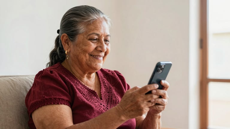 Wide panoramic warm editorial photography, soft natural daylight, a dignified Mexican senior woman smiling while looking at a smartphone, sitting in a bright sunlit room, high contrast, 35mm.