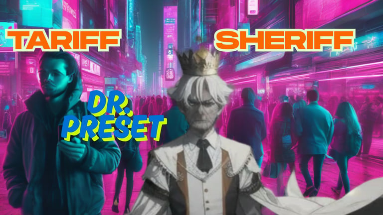 Dr. Preset Tariff Sheriff anime character in a neon cyberpunk city with futuristic pink lighting.