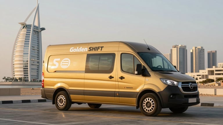 A spotless, branded modern Golden Shift Moving van parked in front of the iconic Jumeirah Village Triangle skyline during golden hour, bright warm desert daylight.