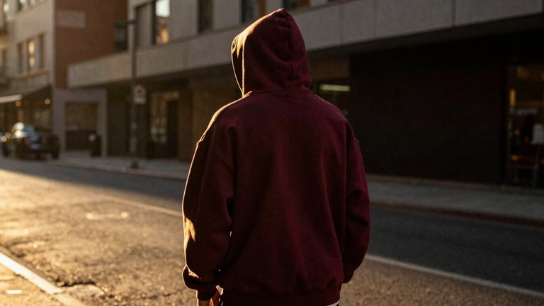 Model from behind on a dark urban city street wearing a heavyweight dark hoodie with gold detailing, dramatic golden-hour backlighting, high-contrast shadows, 35mm film