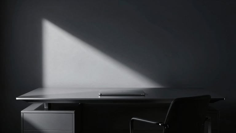 Minimalist dark executive workspace with sharp directional light cutting through deep shadows, cool silver tones, sharp focus, 35mm