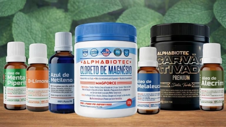 produtos naturais cloreto de magnésio, carvão ativado, azul de metileno e óleos essenciais Ametista Viva