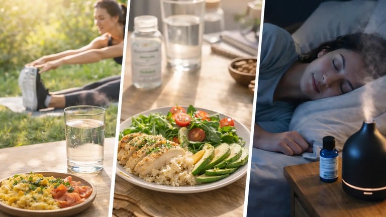 rotina diaria de saude natural manha hidratacao alimentacao equilibrada atividade física e sono reparador