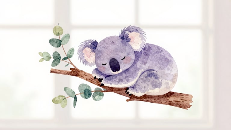 A delicate, hand-drawn watercolor illustration of a comforting koala resting peacefully on a soft eucalyptus branch, minimalist design, gentle lilac and mist blue tones, generous white space