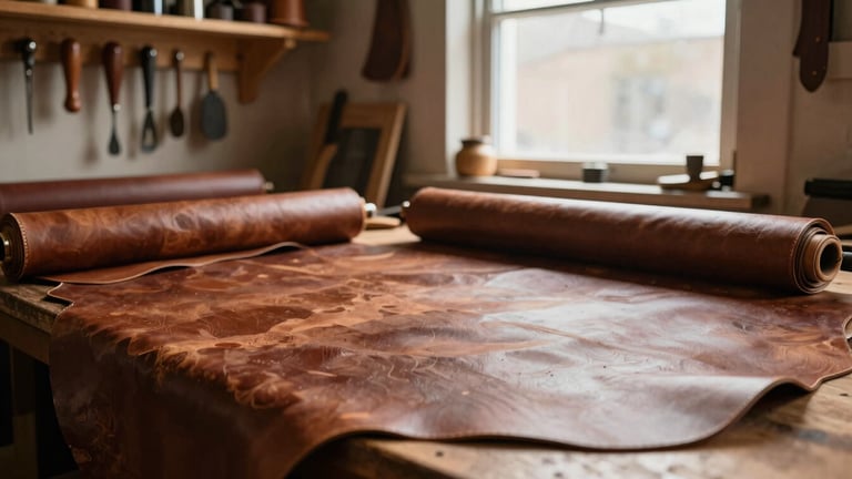 Wide shot of an authentic leather craftsman workshop, rolls of leather, hand tools hanging on wooden walls, soft warm light streaming through a dusty window, 35mm