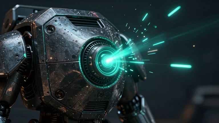 Macro shot of battle-scarred titanium plating on a faction heavy shield, cyan sparks flying from a fresh laser impact, dark atmosphere, 35mm lens