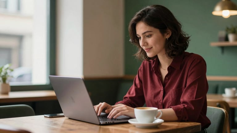 A digital marketing strategist reviewing social media content on a laptop in a cozy, warm-lit Scandinavian-style restaurant interior, coffee cup on table, soft natural light