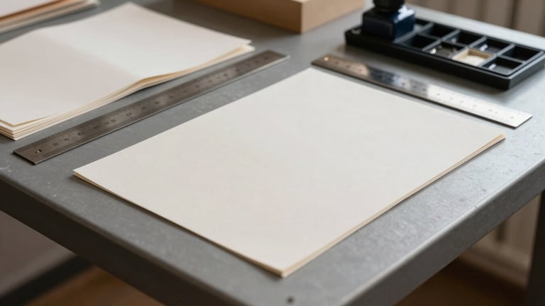A minimalist studio workspace with heavy paper swatches, metal rulers, and ink plates arranged neatly on a grey steel table, lit by soft natural side-light.
