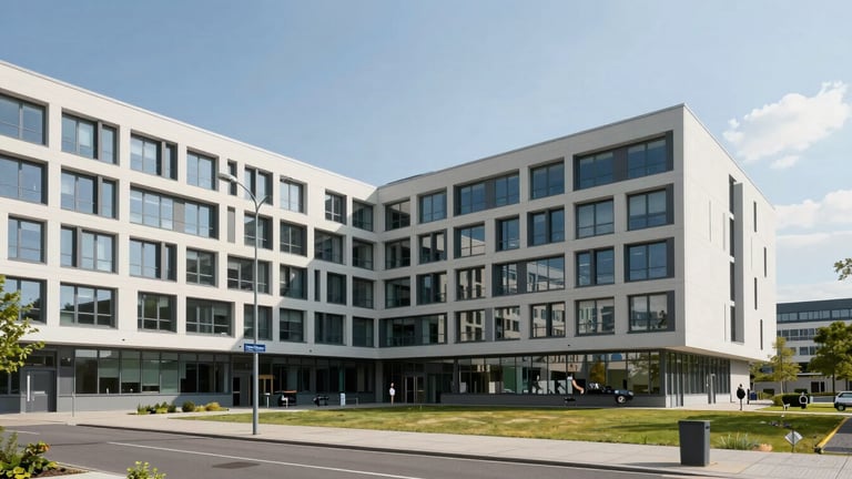 Wide environmental shot of a modern German university hospital campus in Bonn, clean architectural lines, bright daylight.