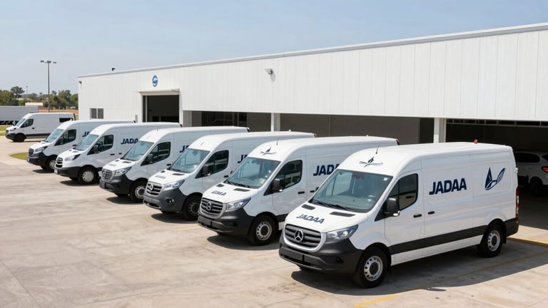 Wide shot of several branded white JADAA fleet vehicles parked in a clean, modern logistics hub, bathed in bright Texas daylight, ready for dispatch. Expansive view of the vehicles and the facility.