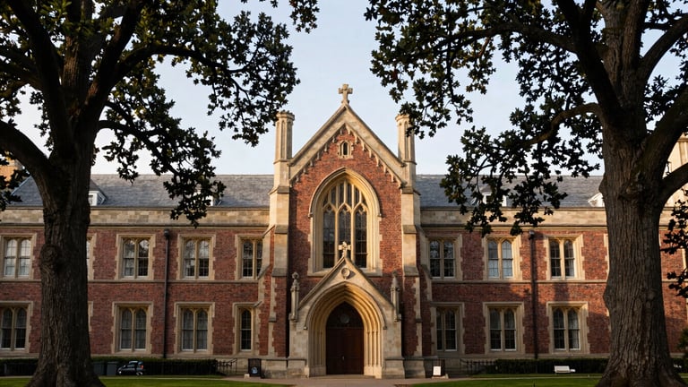 Wide environmental shot of a historic gothic-style brick campus chapel under soft morning light, mature oak trees framing the stone archway