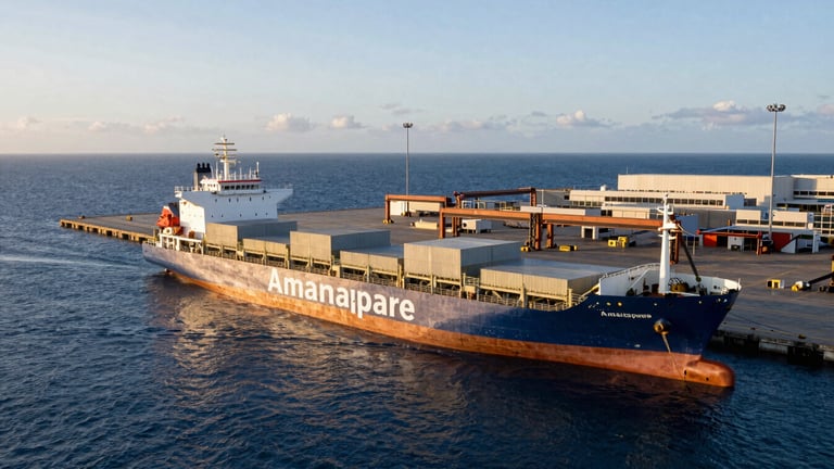Wide panoramic shot of Port of Amamapare, cargo ships docked at a modern industrial terminal, deep blue ocean, golden hour lighting, clean composition