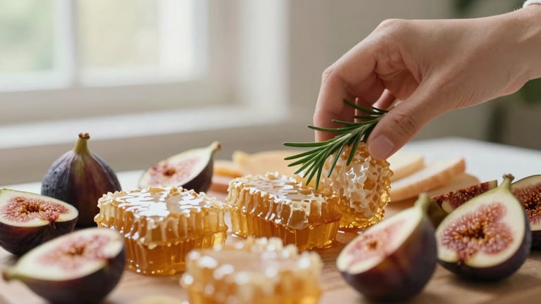 Close-up of a meticulously styled charcuterie table, soft natural window light glints off real honeycomb, fresh split figs showing texture, rosemary sprig placed delicately by hand, warm ivory tones, shallow depth of field, 35mm