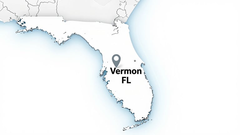 A clean, modern map of the Florida Panhandle region, highlighting Vernon, FL, with a subtle pin icon, against a bright, high-contrast background.