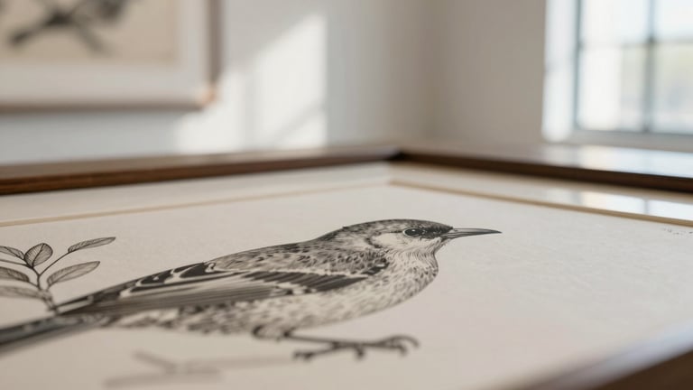 Close-up macro shot of a framed wildlife art print (e.g., a detailed bird or botanical illustration) in a minimalist, sunlit gallery space, emphasizing paper texture and fine ink lines, soft directional natural window light, muted gallery tones, 50mm.
