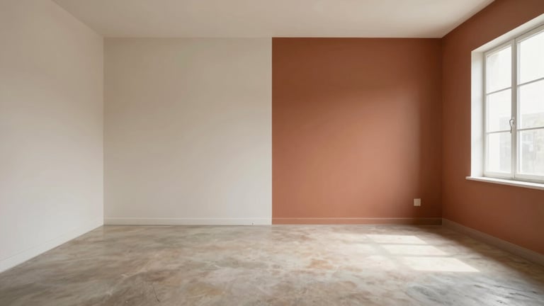 Wide straight-on view of an empty bedroom, left half original off-white walls and dated flooring, right half photorealistic AI rendering with warm terracotta accent wall and light concrete-look flooring — clean vertical split-screen, soft natural daylight from a side window, no furniture, no people, architectural framing