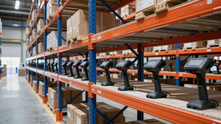 Modern warehouse interior with high-bay racking systems, barcode scanners on a shelf, organized logistics environment, crisp commercial lighting, high contrast.