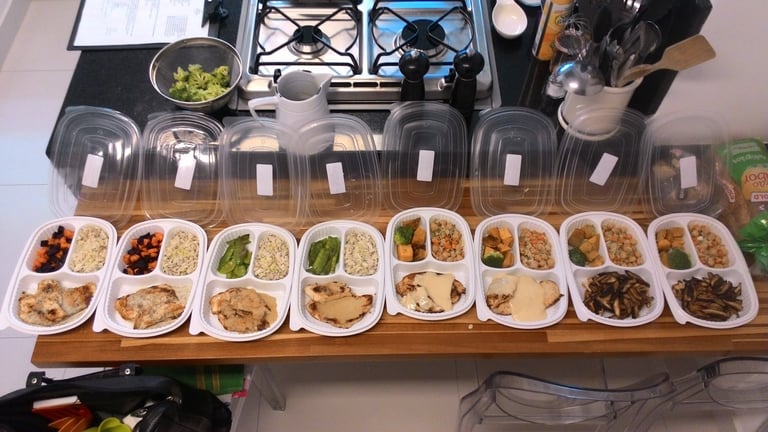 Batch cooking, meal prep. Tuppers de alimentación saludable organizados. Personal Chef a domicilio. 