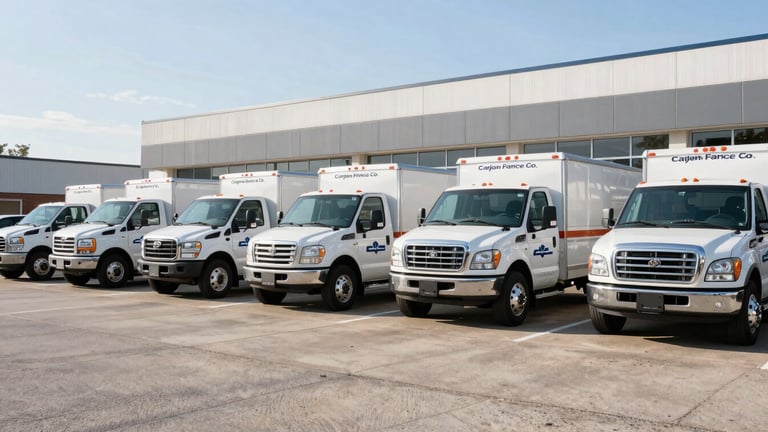 Wide shot of several Carjen Fence Co. branded trucks lined up neatly in front of their Peekskill office building, bright morning daylight, crisp shadows, clean lines, 35mm lens.