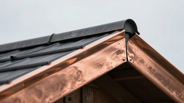 Macro detail shot of pristine copper flashing hand-fitted along a roof valley, soft overcast daylight reflecting off the metal