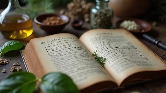 a book opened to show a book with a bottle of oil