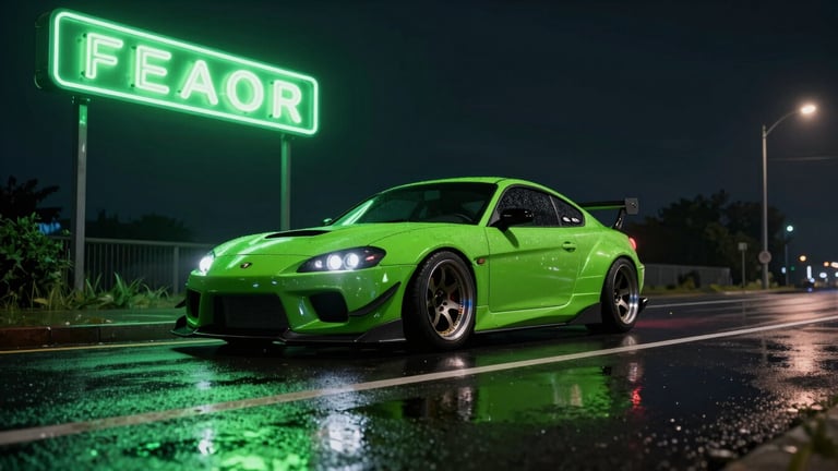Low-angle cinematic shot of a modified tuner car parked under a flickering neon street sign at night, wet asphalt reflecting toxic green light, dark empty highway stretching behind.