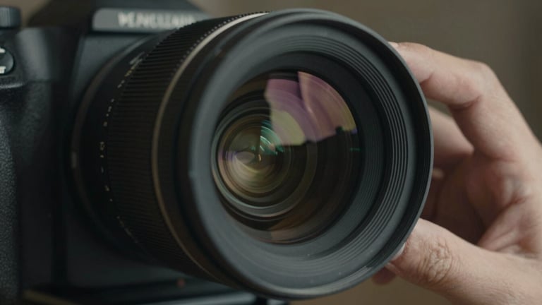 Extreme close-up of a high-end cinema camera lens reflecting dramatic studio lights, hands adjusting the focus ring, shallow depth of field, moody charcoal tones.