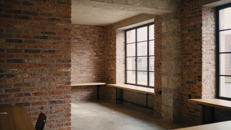 Architectural perspective of a quiet, modern brick and stone workspace, warm natural light casting soft shadows, medium format film