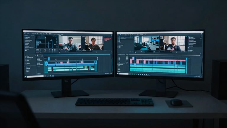 Anamorphic wide shot of a modern, clean workspace with dual monitors displaying complex data dashboards and video editing timelines, moody low-key lighting, cool blue and dark gray tones.