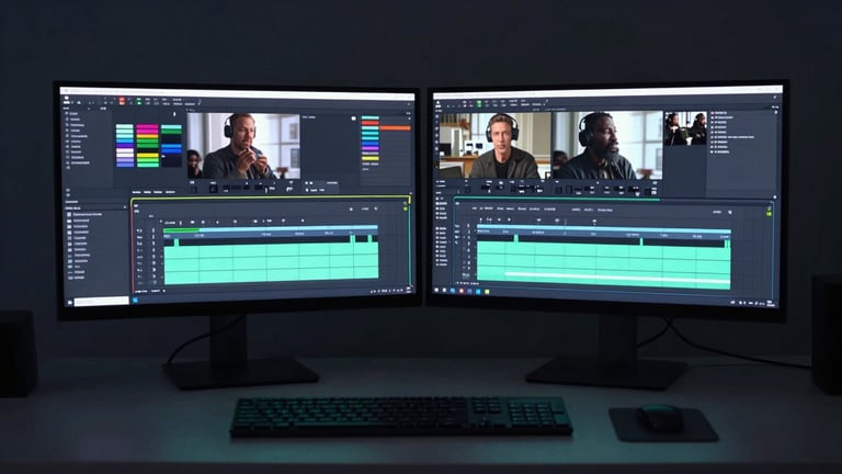 A clean modern dual-monitor workspace displaying complex analytics dashboards and video editing timelines, moody low-key lighting with soft mint green accents.