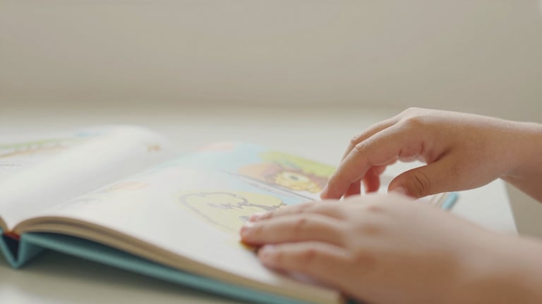 Close-up of a child's hands gently turning pages of a picture book in a soft-lit reading corner, natural light, candid, shallow depth of field.