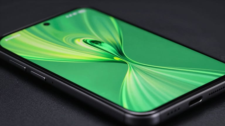 Macro close-up of a high-end Android flagship screen displaying a fluid, neon green 120Hz scrolling animation, dark background, dramatic studio lighting.