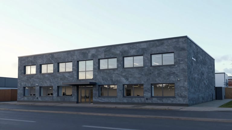 Minimalist architectural rendering of the Graeme Gibbs Engineering Ltd office exterior in Aberdeen, soft diffused northern daylight, slate blue and charcoal tones, sharp focus, 35mm tilt-shift lens.
