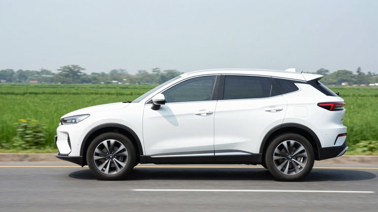 Side view of a modern clean SUV driving on a bright open highway in Vietnam, daylight, crisp green landscape in background