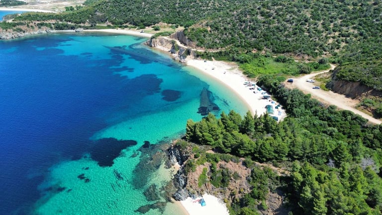 Crystal-clear turquoise waters and hidden bays in Halkidiki, Greece
