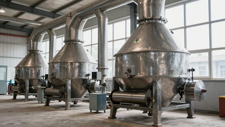 Wide environmental shot of a clean, operational industrial flour milling plant interior, massive stainless steel processing pipes and roller mills under bright natural factory window light, sharp industrial photography