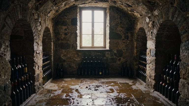 Wide environmental shot of a damp stone wine cellar in Europe, soft overcast morning light filtering through a high window, dusty bottles stacked in arched alcoves, moody atmosphere, 35mm film grain