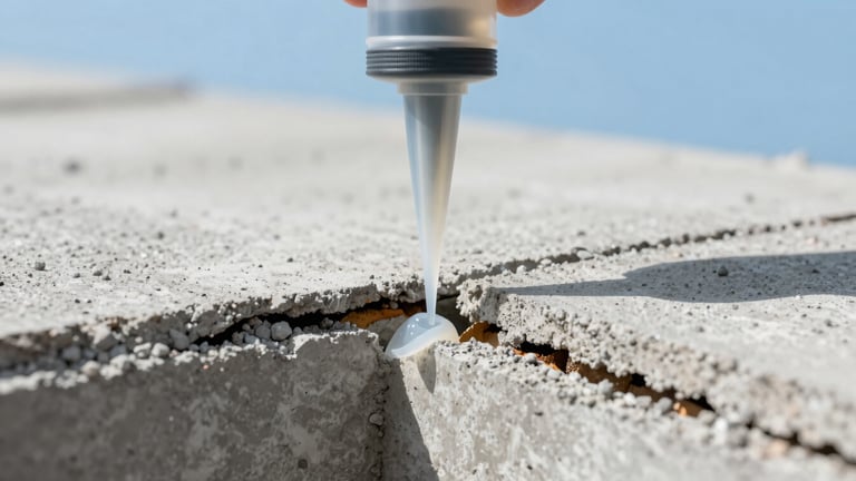 Extreme close-up of polymer injection into a concrete crack, showing the sealant filling the void, sharp focus, clear detail, bright natural daylight