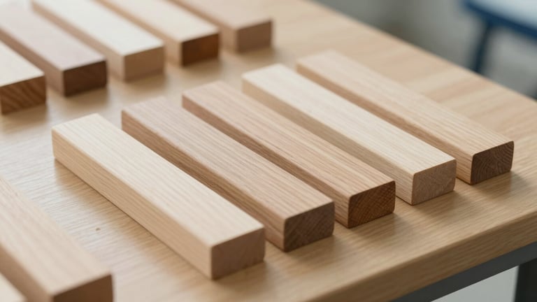 Close-up of structured wooden assessment blocks arranged neatly on a light oak table, soft side-lighting, clean lines, representing clinical organization.