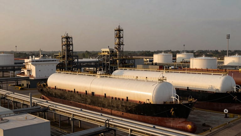 Wide-angle environmental shot of an industrial fuel terminal at golden hour, massive oil tankers docked, steel pipelines, desaturated steel and amber tones
