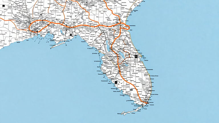 High-contrast map of South Florida, focusing on the Tampa Bay area, with major cities and coastline clearly marked. Bright, direct sunlight effect.