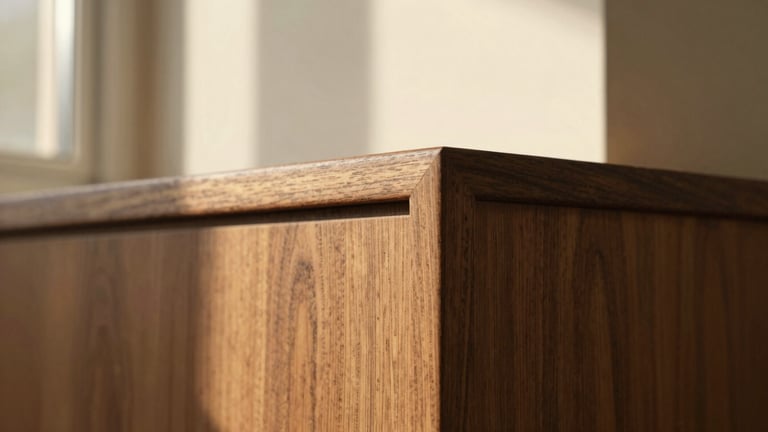 Extreme close-up of a perfectly joined walnut wood corner, showing fine grain and seamless finish, soft golden light, architectural detail, 35mm